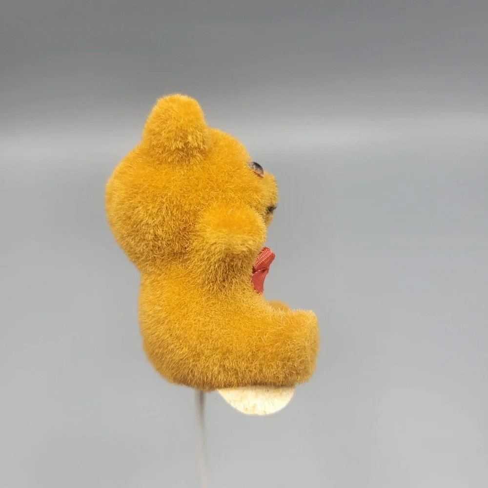 Vintage Flocked Teddy Bear Cake Topper Pick Red Bow Made in Hong Kong